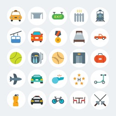 Modern Simple Set of transports, hotel, sports Vector flat Icons. Contains such Icons as fridge,  goal, water,  modern,  cab,  exit and more on white cricle background. Fully Editable. Pixel Perfect.