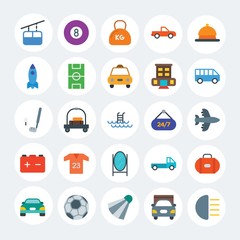 Modern Simple Set of transports, hotel, sports Vector flat Icons. Contains such Icons as food,  transport,  carrier,  leisure,  ball and more on white cricle background. Fully Editable. Pixel Perfect.