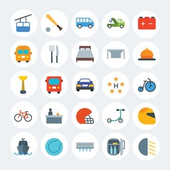 Modern Simple Set of transports, hotel, sports Vector flat Icons. Contains such Icons as  transportation,  boat,  bike,  bright, car and more on white cricle background. Fully Editable. Pixel Perfect.