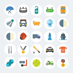 Modern Simple Set of transports, hotel, sports Vector flat Icons. Contains such Icons as  sign,  equipment,  bicycle,  isolated, car and more on white cricle background. Fully Editable. Pixel Perfect.