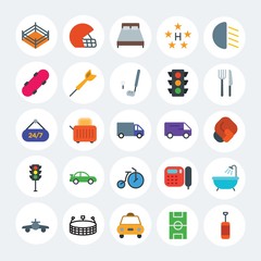 Modern Simple Set of transports, hotel, sports Vector flat Icons. Contains such Icons as  spa,  fight,  cab,  night,  city,  vector and more on white cricle background. Fully Editable. Pixel Perfect.