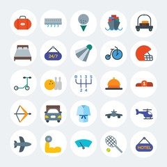 Modern Simple Set of transports, hotel, sports Vector flat Icons. Contains such Icons as  fit,  bag,  transportation,  baggage,  fly and more on white cricle background. Fully Editable. Pixel Perfect.