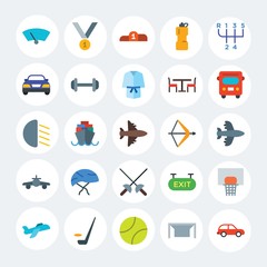 Modern Simple Set of transports, hotel, sports Vector flat Icons. Contains such Icons as  windshield,  plane,  isolated,  victory and more on white cricle background. Fully Editable. Pixel Perfect.