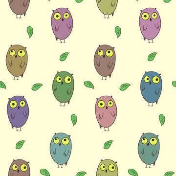 Childish pattern with cute colorful cartoon thoughtful owls and leaves. Funny kids doodle texture with funny color birds for textile, wrapping paper, package, wallpaper, background