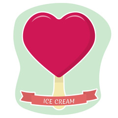 Fototapeta na wymiar Sweet ice cream on a heart shaped stick, a flat icon in a white stroke on a background with a red ribbon. Vector illustration. EPS 10.