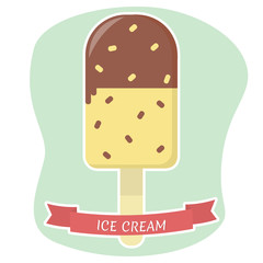 Sweet ice cream on a stick, chocolate and vanilla with a sprinkler, flat icon in a white stroke on a background with a red ribbon. Vector illustration. EPS 10.