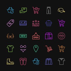 Modern Simple Colorful Set of clothes, shopping Vector outline Icons. Contains such Icons as  sign, mail,  young,  woman,  casual,  plastic and more on dark background. Fully Editable. Pixel Perfect