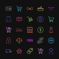 Modern Simple Colorful Set of clothes, shopping Vector outline Icons. Contains such Icons as  shoes,  clothing,  sign,  fashion,  help,  cart and more on dark background. Fully Editable. Pixel Perfect