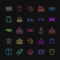 Modern Simple Colorful Set of clothes, shopping Vector outline Icons. Contains such Icons as new,  sale,  sport,  clock,  map, debit,  young and more on dark background. Fully Editable. Pixel Perfect