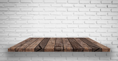 Vintage white of brick texture background with aged wood panel table top perspective.montage...