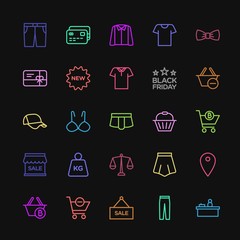 Modern Simple Colorful Set of clothes, shopping Vector outline Icons. Contains such Icons as  pocket,  girl,  shirt,  underwear,  banner, bra and more on dark background. Fully Editable. Pixel Perfect