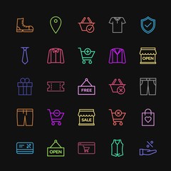 Modern Simple Colorful Set of clothes, shopping Vector outline Icons. Contains such Icons as online,  jacket,  casual,  clothing,  discount and more on dark background. Fully Editable. Pixel Perfect