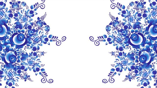 Khokhloma blue on white background. Animation of Khokhloma blue on white background. Retro style of Russian Khokhloma