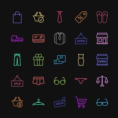 Modern Simple Colorful Set of clothes, shopping Vector outline Icons. Contains such Icons as  shoes, pants, handle, discount, home,  clothes and more on dark background. Fully Editable. Pixel Perfect