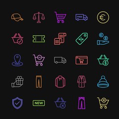 Modern Simple Colorful Set of clothes, shopping Vector outline Icons. Contains such Icons as  market,  emblem,  plastic,  baseball,  law, new and more on dark background. Fully Editable. Pixel Perfect