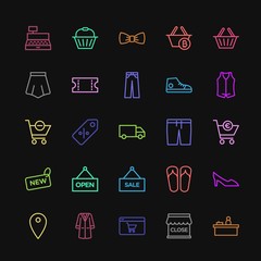 Modern Simple Colorful Set of clothes, shopping Vector outline Icons. Contains such Icons as  tie,  map, cash,  web,  emblem,  desk,  fashion and more on dark background. Fully Editable. Pixel Perfect