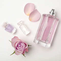 Composition with transparent bottles of perfume and beautiful flower on white background