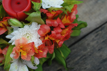 Bouquet of Flowers alstromeria Astromeria Beautiful Arrangement Isolated rustic Wooden Background
