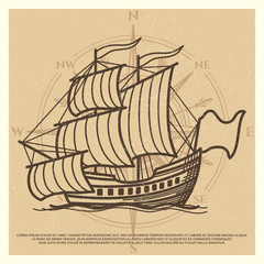 Grunge travel background with antique ship