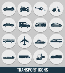 Transportation icons set. City cars and vehicles transport. Car, ship, airplane, train, motorcycle, helicopter. Silhouettes. Vector
