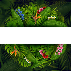 Green Tropical leaves and flower. Vector foliage with place for text background