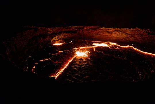 Panorama Erta Ale volcano crater, melting lava, Danakil depression, Ethiopia