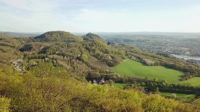 Drone  Aerial Video view Siebengebirge Landscape  in Koenigswinter Drachenfels and  Rhine Bonn Germany
