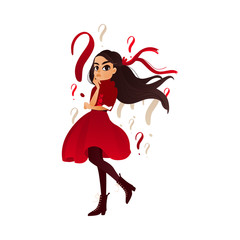 Young cute caucasian woman with long hair and red ribbon thinking. Beautiful character standing thoughtful pose holding chin thinking with questions above head full length Isolated vector illustration