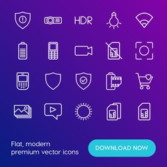 Modern Simple Set of mobile, security, video, photos Vector outline Icons. Contains such Icons as  projection, hdr,  secure, security and more on gradient background. Fully Editable. Pixel Perfect.