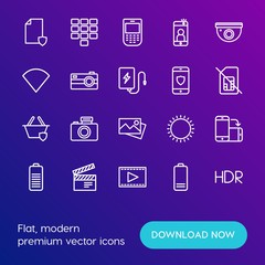 Modern Simple Set of mobile, security, video, photos Vector outline Icons. Contains such Icons as  photography, sunny,  theater,  travel and more on gradient background. Fully Editable. Pixel Perfect.