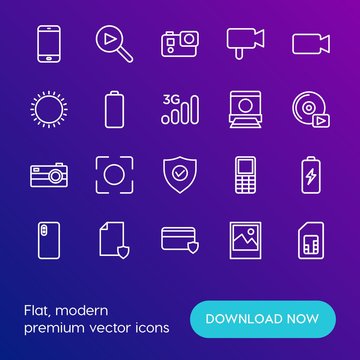 Modern Simple Set of mobile, security, video, photos Vector outline Icons. Contains such Icons as  communication,  telephone,  media and more on gradient background. Fully Editable. Pixel Perfect.