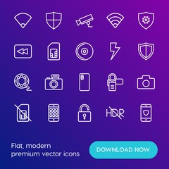 Modern Simple Set of mobile, security, video, photos Vector outline Icons. Contains such Icons as card, business,  wifi,  mobile,  cctv and more on gradient background. Fully Editable. Pixel Perfect.
