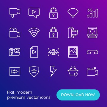 Modern Simple Set of mobile, security, video, photos Vector outline Icons. Contains such Icons as light, rewind,  telephone,  connection and more on gradient background. Fully Editable. Pixel Perfect.