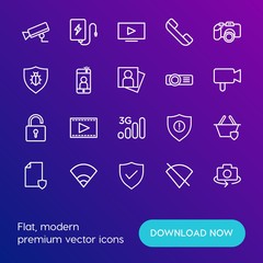Modern Simple Set of mobile, security, video, photos Vector outline Icons. Contains such Icons as  video,  telephone,  surveillance,  no and more on gradient background. Fully Editable. Pixel Perfect.