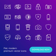 Modern Simple Set of mobile, security, video, photos Vector outline Icons. Contains such Icons as  space,  smartphone,  black,  digital and more on gradient background. Fully Editable. Pixel Perfect.