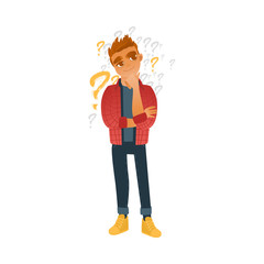 Young man in casual clothing jeans standing in thoughtful pose holding his chin thinking with questions above head. Isolated vector illustration full lenght portrait in cartoon style