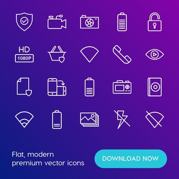 Modern Simple Set of mobile, security, video, photos Vector outline Icons. Contains such Icons as  wifi, airport,  people,  background and more on gradient background. Fully Editable. Pixel Perfect.