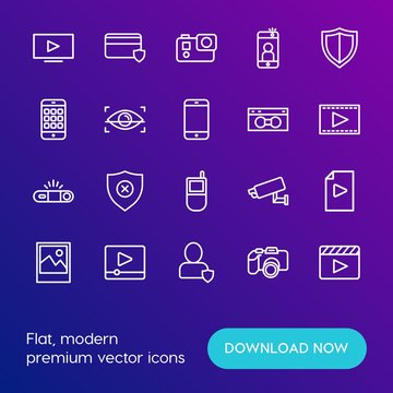 Modern Simple Set of mobile, security, video, photos Vector outline Icons. Contains such Icons as  lens,  card,  video,  digital,  film and more on gradient background. Fully Editable. Pixel Perfect.