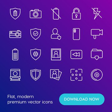 Modern Simple Set of mobile, security, video, photos Vector outline Icons. Contains such Icons as arrow, disc,  photo, security,  safe and more on gradient background. Fully Editable. Pixel Perfect.