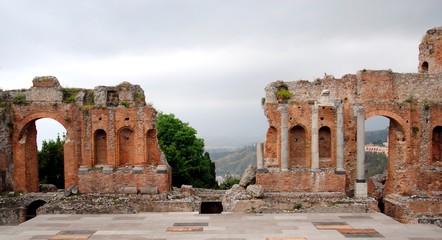 Ancient theatre of Taormina or Teatro antico di Taormina or Teatro Greco, in Sicily, Italy, built...