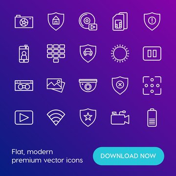 Modern Simple Set of mobile, security, video, photos Vector outline Icons. Contains such Icons as  light,  star,  protection, battery and more on gradient background. Fully Editable. Pixel Perfect.