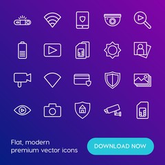 Modern Simple Set of mobile, security, video, photos Vector outline Icons. Contains such Icons as technology,  security,  tablet, video and more on gradient background. Fully Editable. Pixel Perfect.