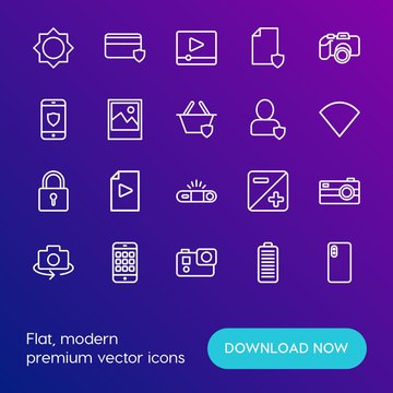 Modern Simple Set of mobile, security, video, photos Vector outline Icons. Contains such Icons as  cameraman, business, camera,  plastic and more on gradient background. Fully Editable. Pixel Perfect.