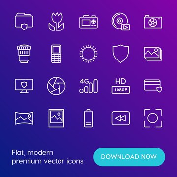 Modern Simple Set of mobile, security, video, photos Vector outline Icons. Contains such Icons as  landscape,  capture,  background, hd and more on gradient background. Fully Editable. Pixel Perfect.