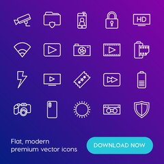 Modern Simple Set of mobile, security, video, photos Vector outline Icons. Contains such Icons as  camera,  retro, play,  file,  mobile and more on gradient background. Fully Editable. Pixel Perfect.
