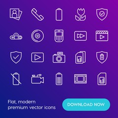 Modern Simple Set of mobile, security, video, photos Vector outline Icons. Contains such Icons as  camera,  no,  game,  mobile,  check and more on gradient background. Fully Editable. Pixel Perfect.