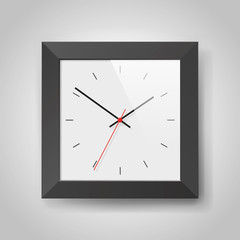 Simple realistic Clock in squre black frame on light gray background. Watch on the wall. Vector design object