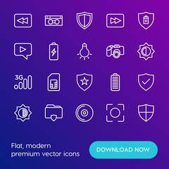 Modern Simple Set of mobile, security, video, photos Vector outline Icons. Contains such Icons as  power,  caption,  data,  travel, dark and more on gradient background. Fully Editable. Pixel Perfect.