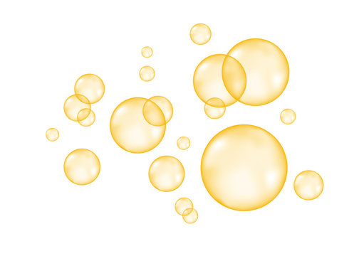 Fizzing  air  golden  bubbles on white  background.