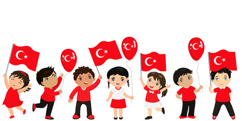 Funny kids of different races with various hairstyles with flags. graphic design to the Turkish holiday.